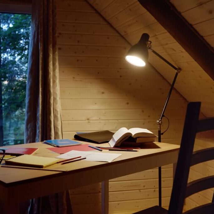 Cozy workspace for freelancer. Writer, student or schoolchild workspace. Education.